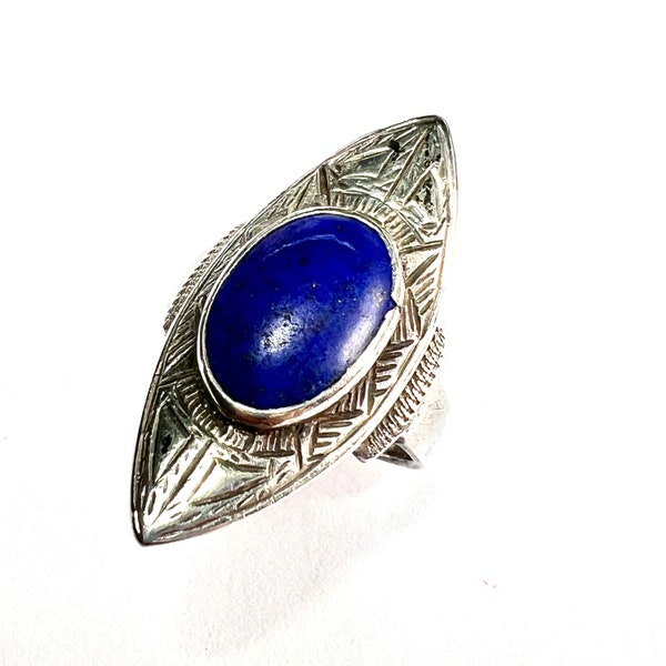 Bague longue marquise en argent sterling avec lapis lazuli vintage