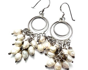 Vintage Sterling Silver Seed Pearl Chandelier Earrings