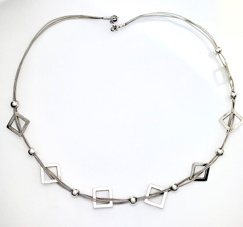 Sterling Silver Bead and Squares Cable Wire Choker Necklace Etsy