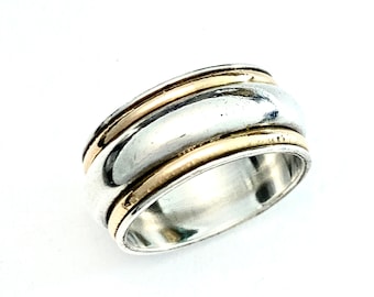 Heavy Silver and 18CT Gold Ring • Wide Wedding Band