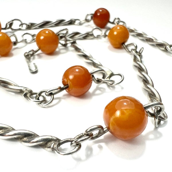 Antique Arts and Crafts Amber Long Twist Link Silver Station Necklace