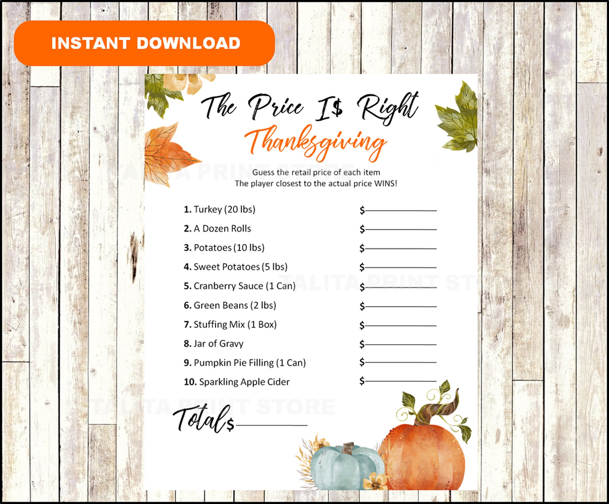 The price is right printable thanksgiving game thanksgiving | Etsy