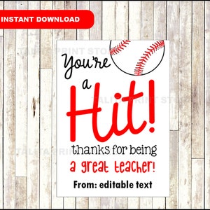 EDITABLE You&#39;re A Hit! Baseball Gift Tags. Coach&#39;s Gift Tag Teacher&#39;s Gifts Tag, Teacher Appreciation, Thank You Gift, End of School