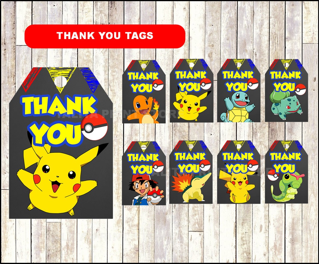pokemon chalkboard thank you tags printable pokemon party etsy