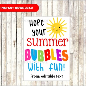 INSTANT DOWNLOAD Hope Your Summer Bubbles with Fun, Instant Download, Editable End of School Year Tags, Classmate Gifts