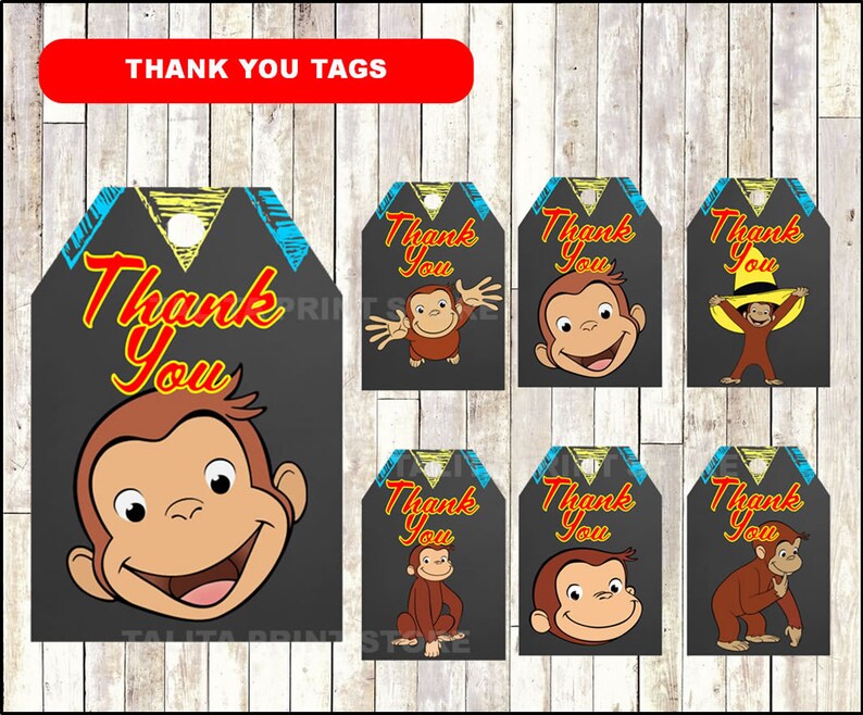 Curious George Chalkboard Thank you tags printable Curious | Etsy