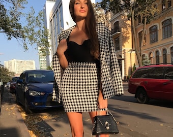 Tweed jacket and skirt, vintage Two piece suit,black and white suit,houndstooth print,houndstooth Jacket Coat+Skirt, warm suit