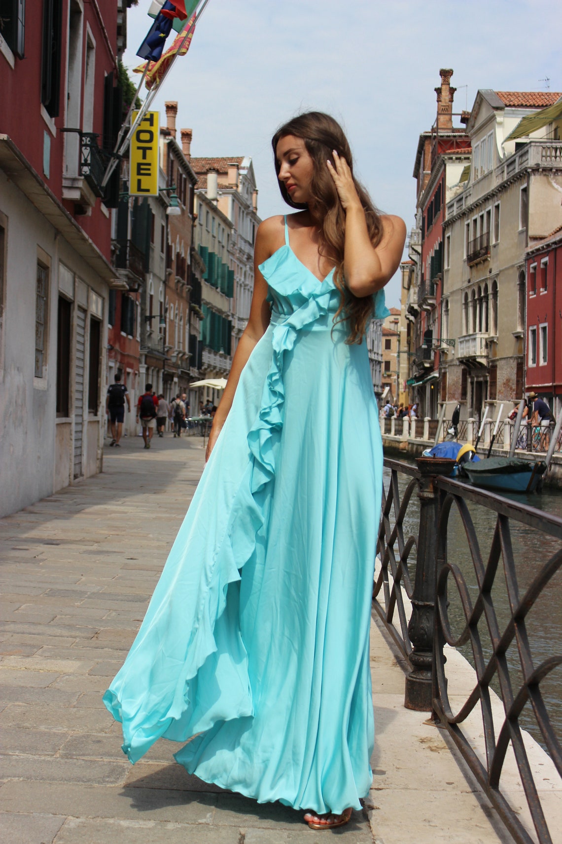 Aqua blue bridesmait dress Dress Silk Linen Aqua wedding image 2