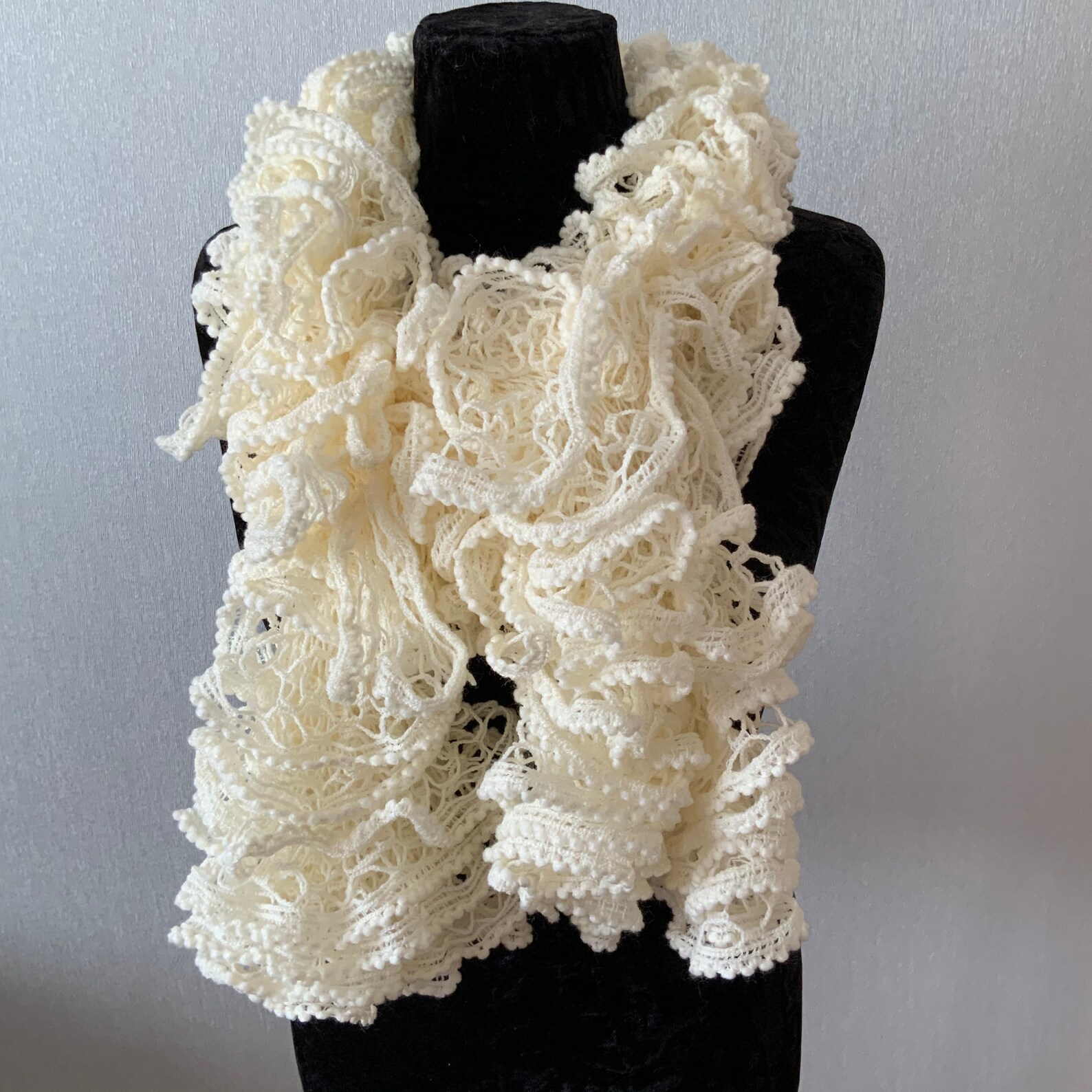 Hand knitted white ruffled scarf Boa scarf Scarf with flounces Etsy