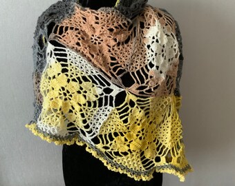 Gray Yellow Lace Shawl Spring handmade shawl wrap