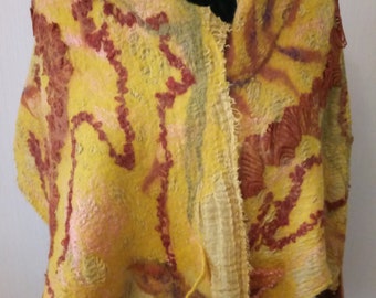 Burnt Orange Yellow Gold Nuno Felt Boho Scarf "Autumn Blues" Colors of Fall Nuno Felt Wrap Felted cotton wool scarf Unique Shawl  felt scarf