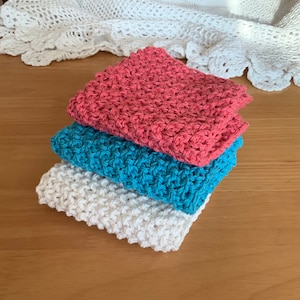 Set of 3 organic Cotton dish cloths, 100% cotton hand knitted wash cloths, housewarming gift for her, kitchen essentials, shower cloths