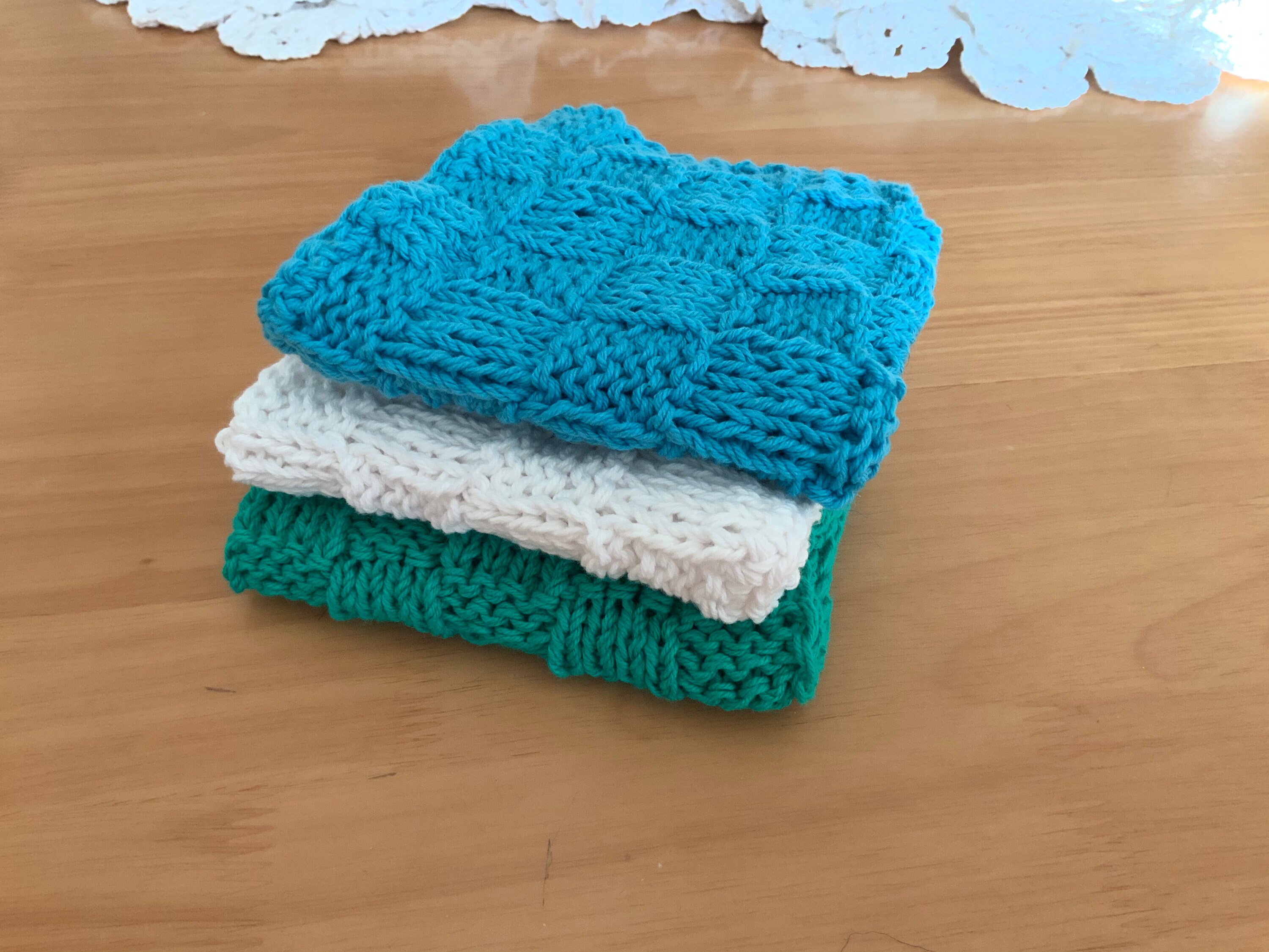 Set of 3 Organic Cotton Dish Cloths, 100 Cotton Hand Knitted Wash Cloths, Housewarming Gift for