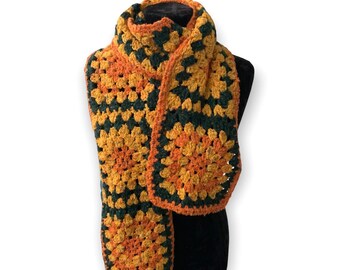 Granny square scarf, afghan crochet, warm, long shawl, yellow green, colorful scarf, lady gift, handmade, patchwork, winter, unique design