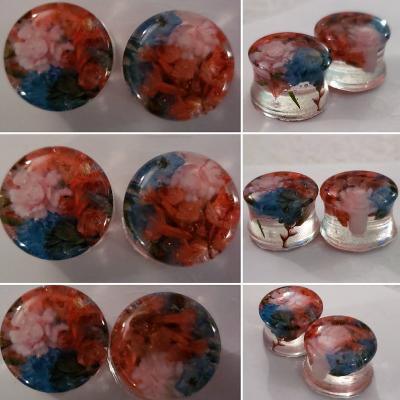 Pair of blue pink /& light pink miniature flower swirl clear Gauge Plugs Tunnels