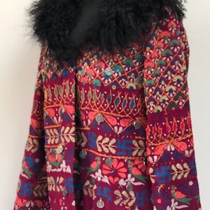 Vintage Colourful Indian Kutch Banjara Rajasthani Embroidered Embellished Jacket With Detachable real Mongolian Fur Collar M/L by INDIOLA