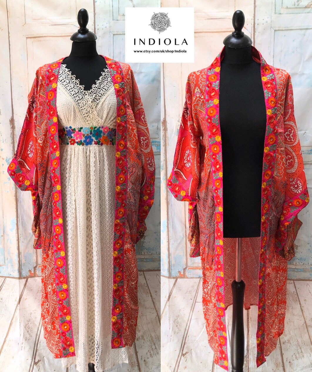 Image of Handmade Silk Embroidered Patchwork Long Kimono Kaftan Duster Jacket S By Indiola Designs