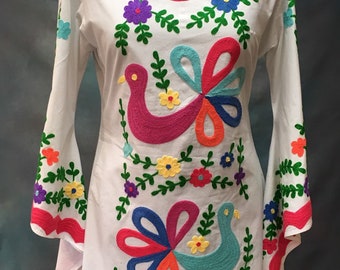 Brand new Pachamama Woodstock embroidered 100% cotton Mexican kaftan kimono sleeve dress wedding, festival, cinco de mayo, XS S M L XL XXL