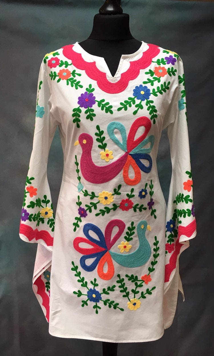 Brand new Pachamama Woodstock embroidered 100% cotton Mexican kaftan kimono sleeve dress wedding, festival, cinco de mayo, XS S M L XL XXL