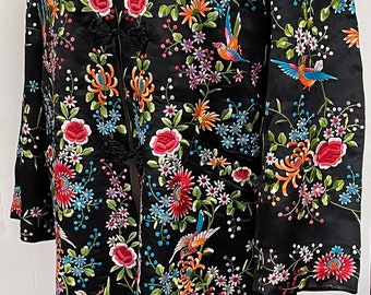 Vintage floral bird embroidered long black chinoiserie Chinese silk Jacket Coat U.K. 16-18 US 12-14