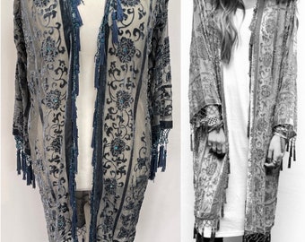 Vintage 70s Boho Style Pure Silk Devore Beaded Long Kimono Jacket in Grey/Blue with Beaded Tassels Size O/S UK 10-12-14 US 6-8-10 NEW