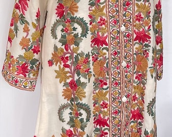 Vintage largo artístico bordado Cachemira indio Nehru Crewel lana crema abrigo chaqueta L excelente condición uk 14 US 10