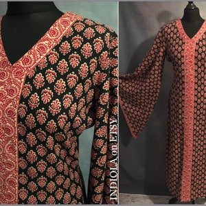 Stunning Indian Block print kaftan maxi dress with angel sleeves Sz UK 8-10 US 4-6
