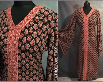 Stunning Indian Block print kaftan maxi dress with angel sleeves Sz UK 8-10 US 4-6