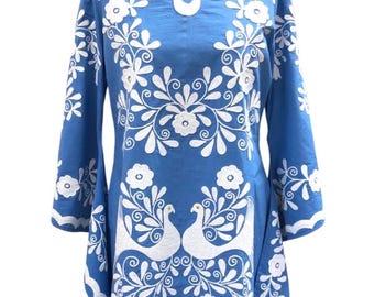 Vintage 70s Style Mexican Blue Embroidered Peacock Bird Floral Caftan Mini Kaftan Fiesta Wedding Beach Cotton Dress US 4 6 8 10 12 14 16 18