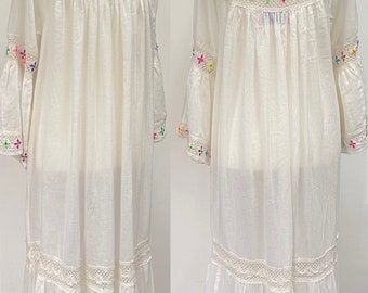 Vintage 70s Inspired Boho Peasant Hand Embroidered Cotton Mexican Wedding Gauze Crochet Trim maxi dress with fluted sleeves L U.K. 14 US 10