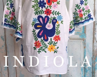 Mexican Style Embroidered Peacock Floral Orange Blue Trim Caftan Mini Kaftan Kimono sleeve Fiesta Beach Cotton Dress XS S M L XL
