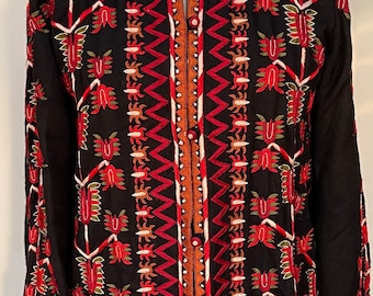 Vintage Black Artsy Hand Embroidered Floral kashmiri Indian Nehru Crewel Wool Jacket U.K. 16 US 12