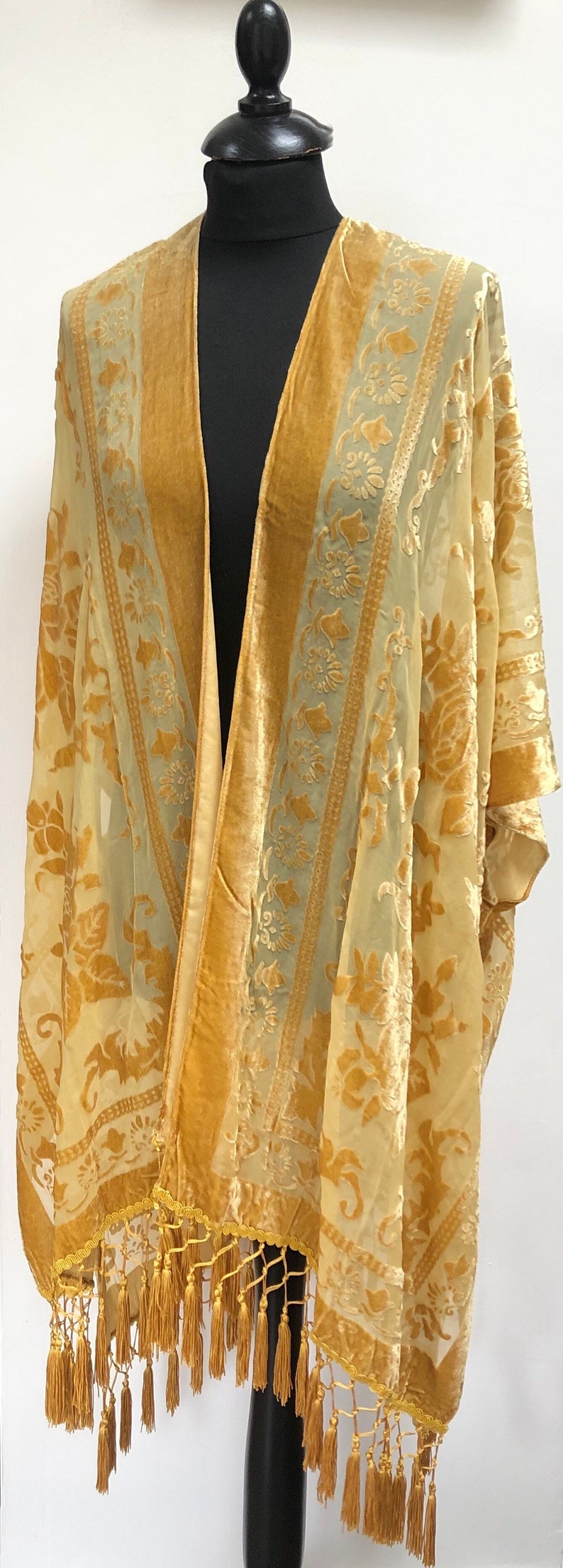 Velvet Burn out Devore Fringed Tassel Trim Opera Kimono Jacket Various Colours Green now in stock One Size image 3