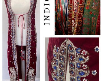 Beautiful Heavily jewelled embellished long burgundy Indian velvety ethnic waistcoat vest Chapan Sz U.K. 8 us 4