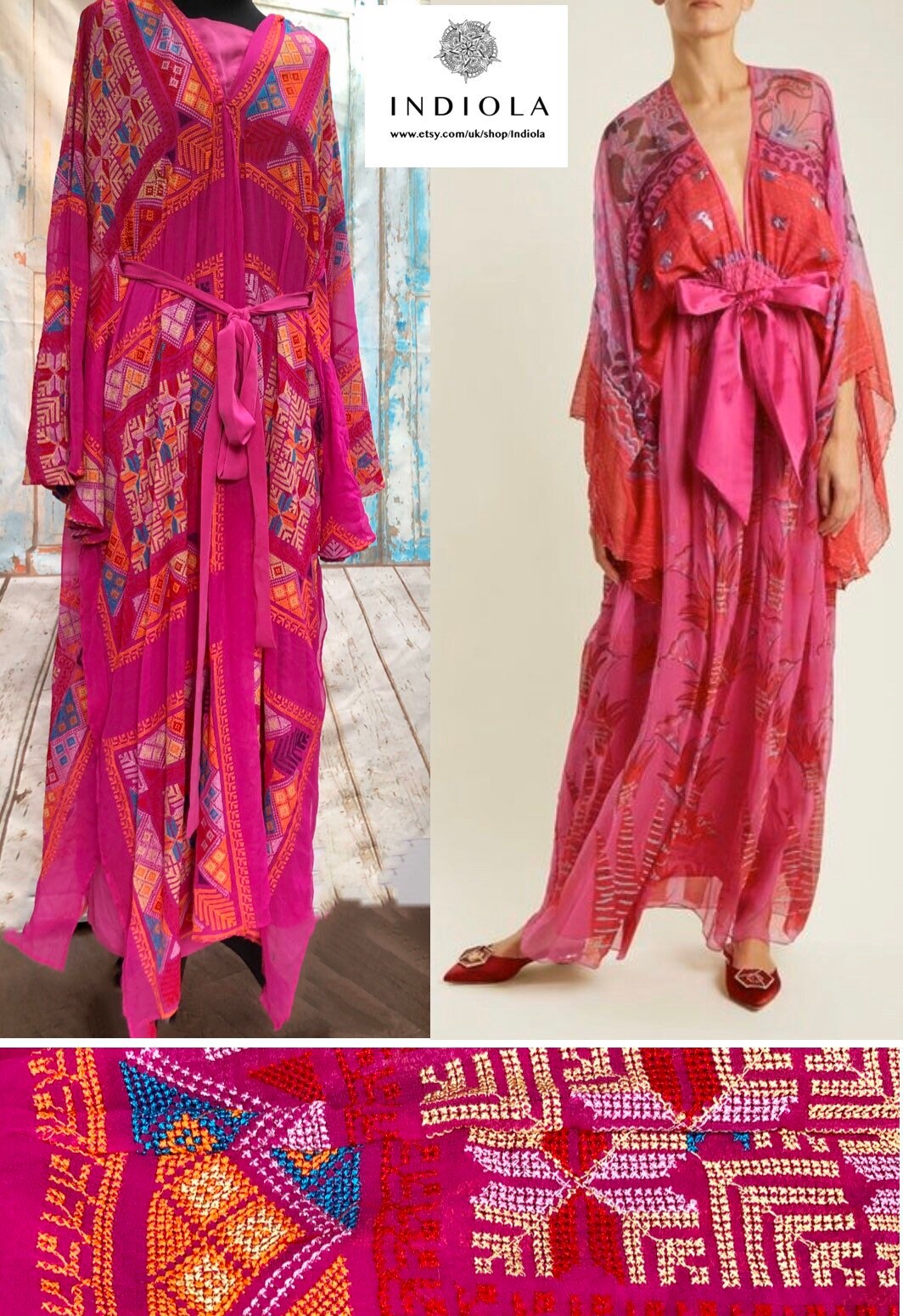 Image of Stunning Cross Stitch Floaty Embroidered Vintage Pink Kimono Kaftan Belted Dress Uk - Us - Vgc