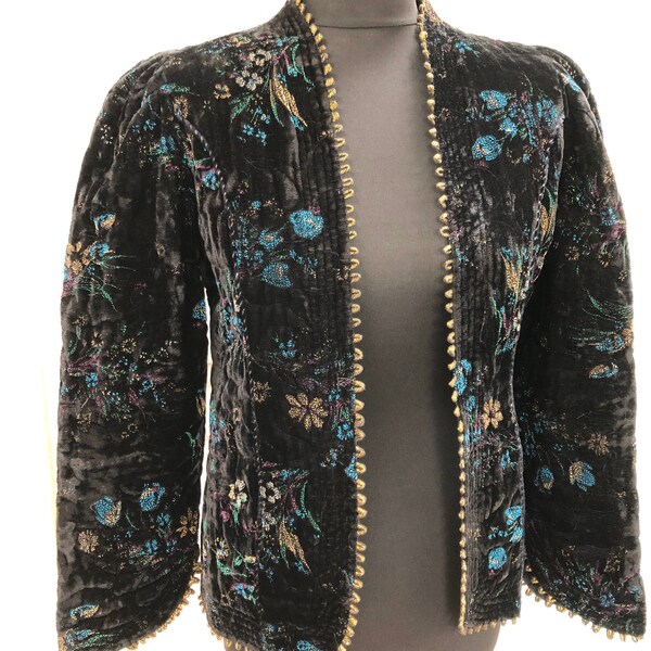 Vintage Phool Velvet Quilted Jacket with Floral foil pattern Sz S UK 8 US 4