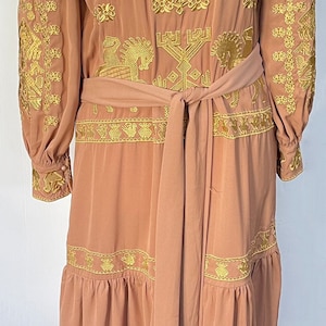 Vintage Antique Gold Embroidered Bronze Ethnic Kori Long Dress with sash belt UK 8 US 4 Small