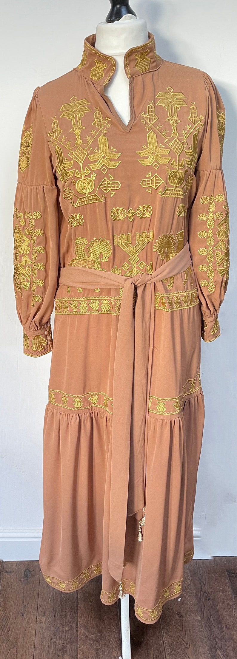 Vintage Antique Gold Embroidered Bronze Ethnic Kori Long Dress With