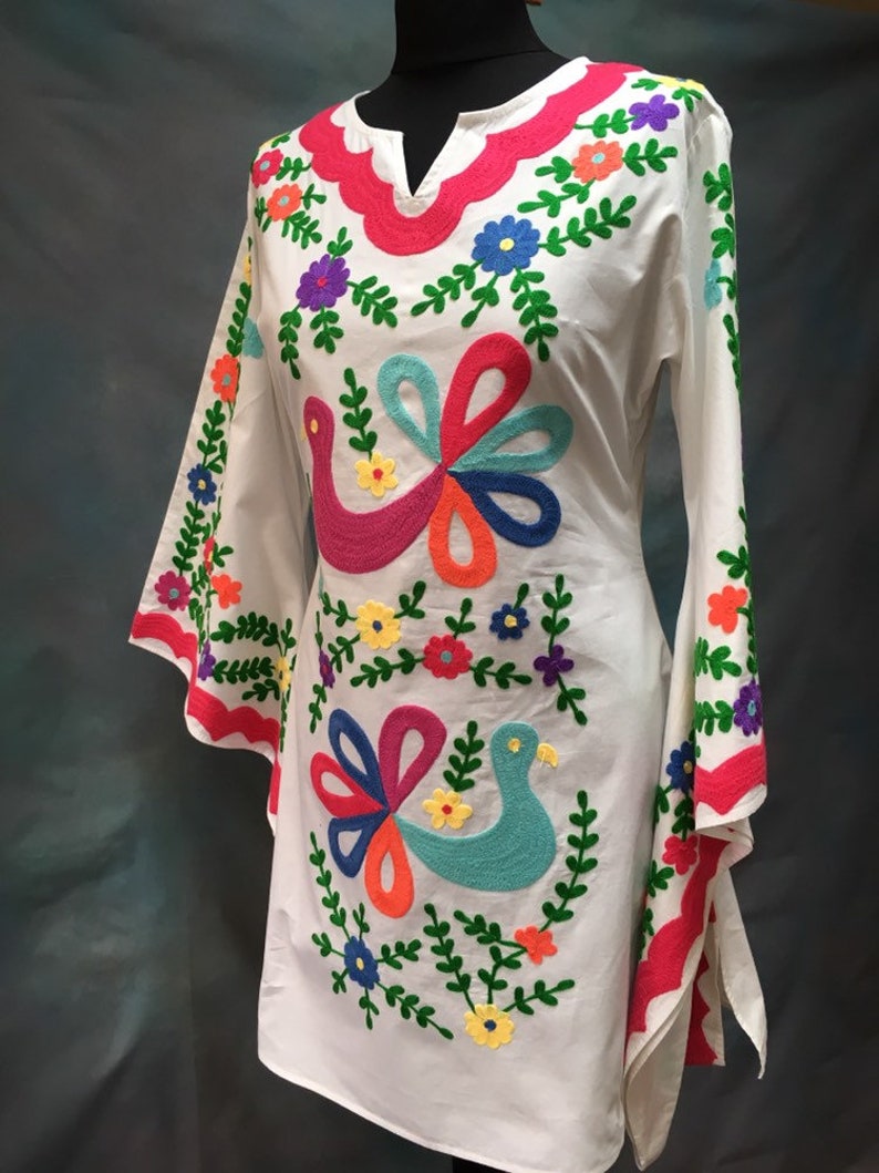 Brand new Pachamama Woodstock embroidered 100% cotton Mexican kaftan kimono sleeve dress wedding, festival, cinco de mayo, XS S M L XL XXL image 6