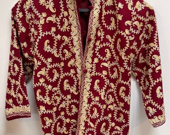 Indian Girls Red Gold Kashmiri Nehru Stunning Embroidered Jacket S  12-14 years