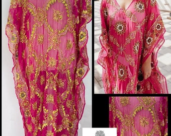 Beautiful Long gold embroidered sequinned pink vintage sari kaftan Miss June Maxi Dress Sz S/M/L  Free Size