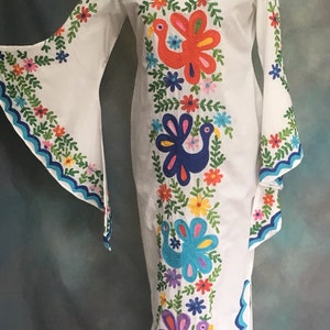 Long Mexican Style Embroidered Peacock Floral Pattern Orange Blue Trim Caftan Mini Kaftan Fiesta Beach Cotton wedding Maxi Dress Vestido Boh