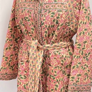 100% Organic Cotton Block print Floral  Indian Kantha East Belted Jacket. Size UK 18 US 14 XL New