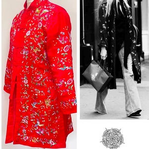 Schöne lange Vintage Seidenmischung bestickte Chinoiserie chinesische Mandarin gepolsterte Mantel Duster Jacke UK 40 US 10 Hervorragender Zustand