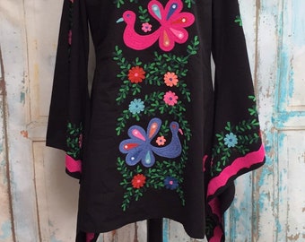 Black Mexican Woodstock Style Multicoloured Embroidered Peacock  Caftan Mini Kaftan Fiesta Wedding Beach 100% Cotton Dress S M L XL XXL