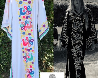 Long Mexican Style Heavily Embroidered Bird Floral Pattern Kaftan Maxi Wedding Dress S/M by Indiola