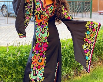 Black Pachamama Mexican Style Handwork Embroidered Butterfly Sleeve Kaftan Caftan Wedding Festival Boho 100% Cotton maxi Dress S M L XL