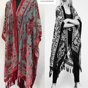 Velvet Burn out Devore Fringed Tassel Trim Opera Kimono Jacket Various Colours Green now in stock One Size image 2