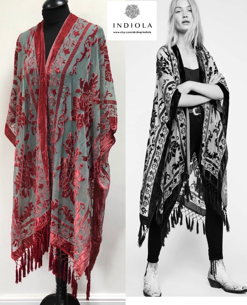 Velvet Burn out Devore Fringed Tassel Trim Opera Kimono Jacket Various Colours Green now in stock One Size image 2