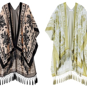 Velvet Burn out Devore Fringed Tassel Trim Opera Kimono Jacket Various Colours Green now in stock One Size image 7